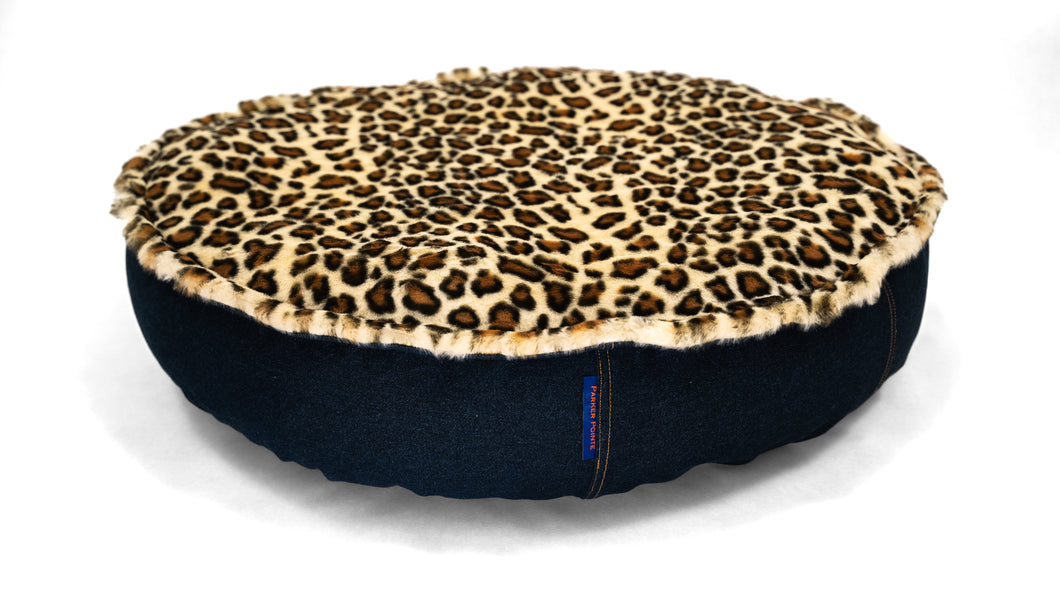 Pet Bed - Navy Denim/Leopard Fur